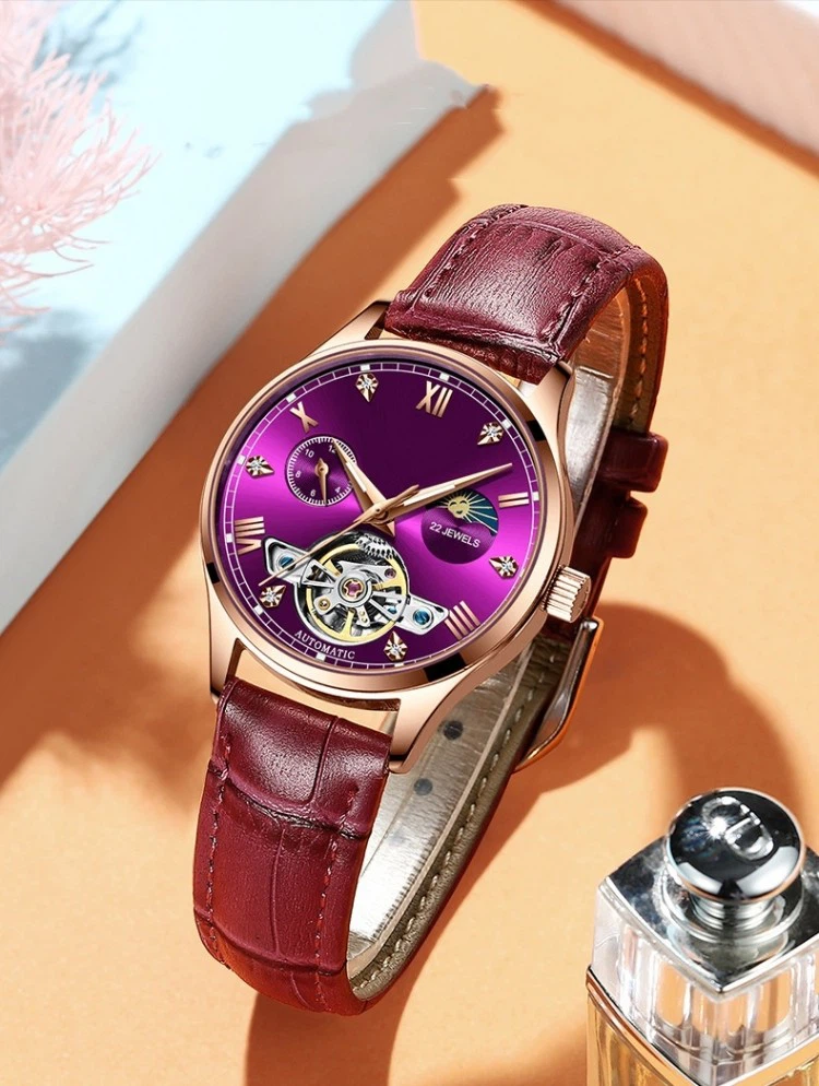 Custom Logo For Women Automatic Mechanical Watch Diamond Rose Gold With Leather Luxury Watch Luminous Hands